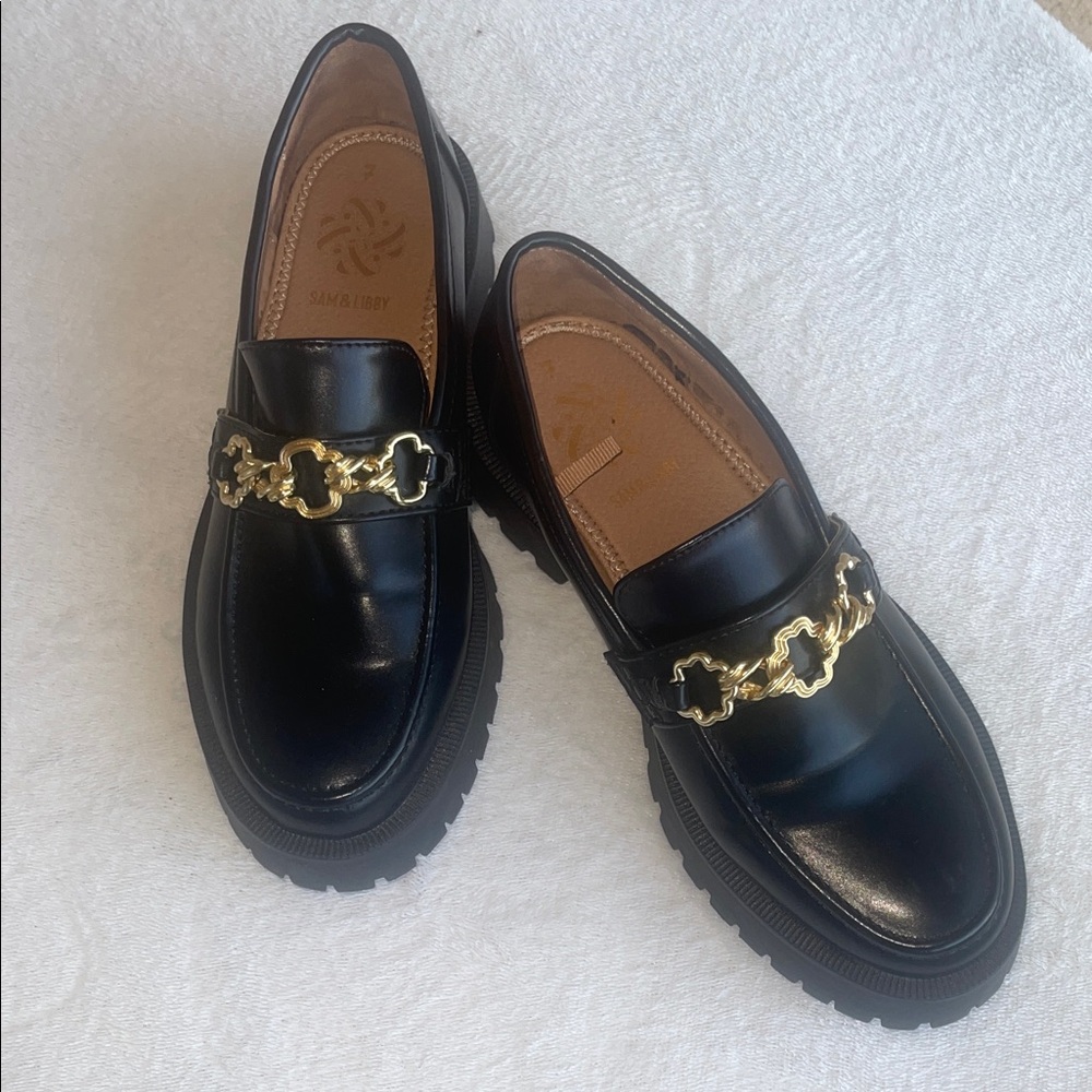 Women's Black Leather Loafers with Gold Chain Accent